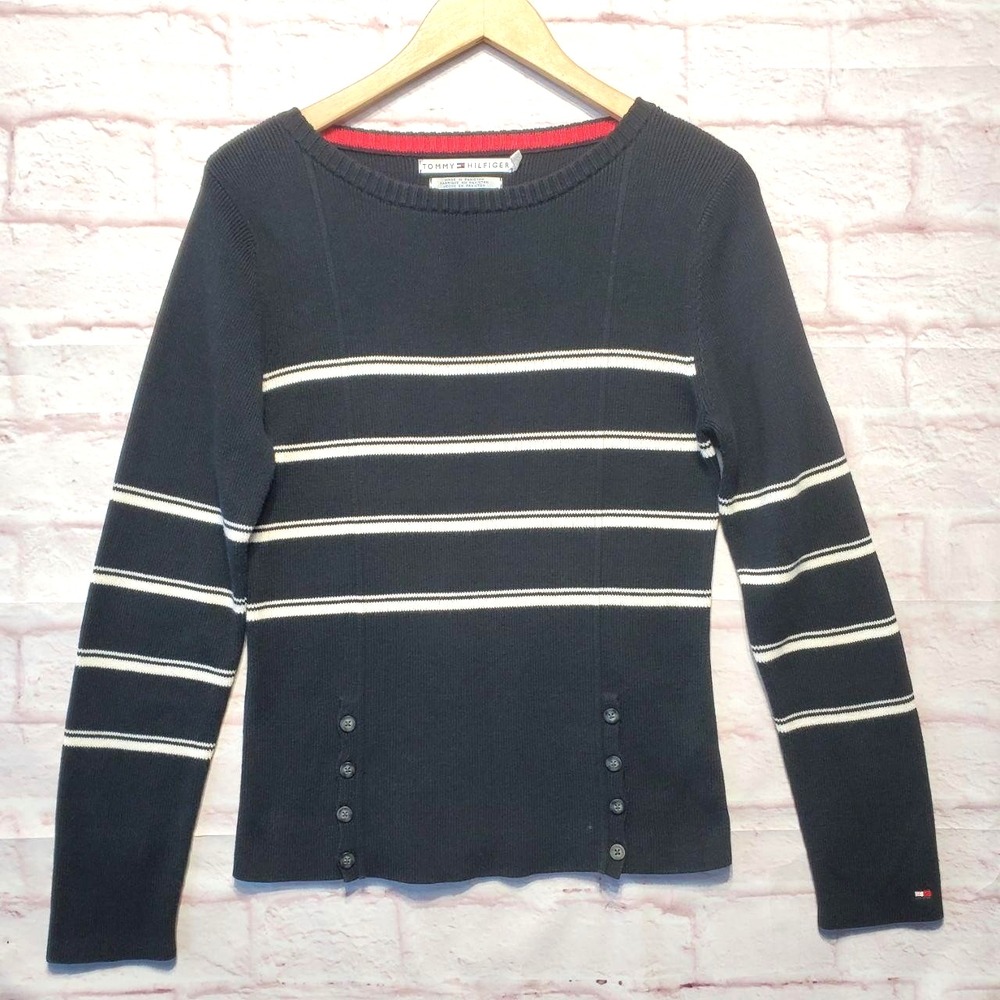 VTG Tommy Hilfiger Sweater Womens Large Black White Striped Cotton Preppy Casual